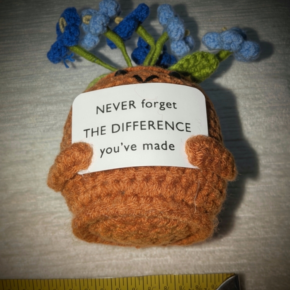 Crocheted Positive Flower Pot with Motivational Message Blue Flowers 5" X 3" - Picture 3 of 6